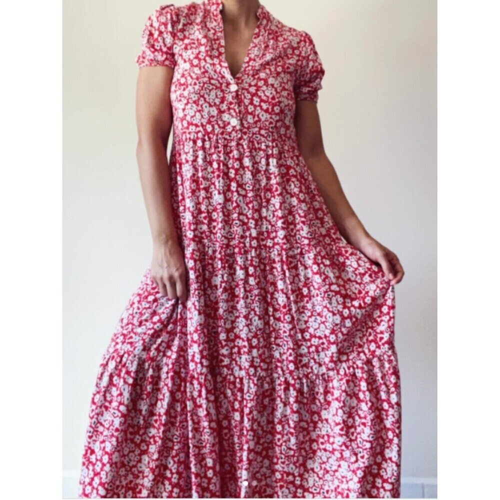Zara Floral Print Tiered Flowing Midi Maxi Dress Red White Size Small